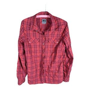 REI‎ Red Casual Button Down Shirt Vibrant Plaid Cotton